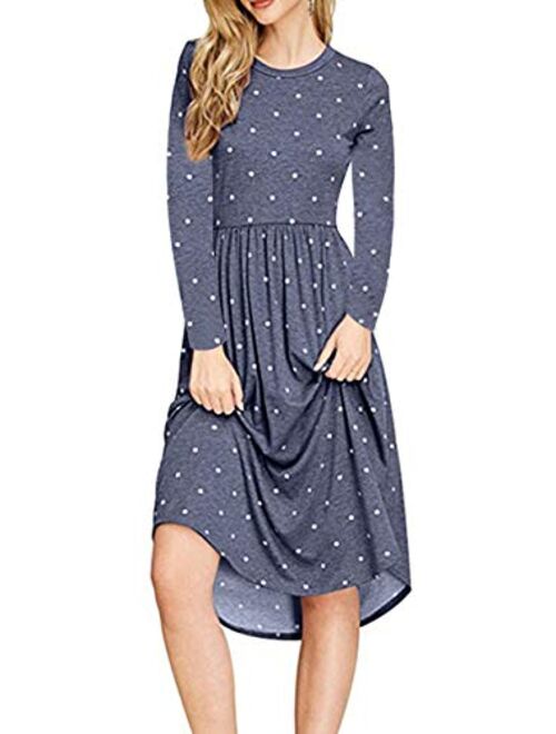 YUNDAI Women Long Sleeve Pleated Polka Dot Pocket Loose Swing Casual Midi Dress