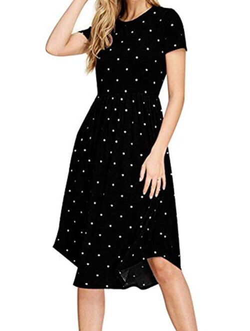 YUNDAI Women Long Sleeve Pleated Polka Dot Pocket Loose Swing Casual Midi Dress