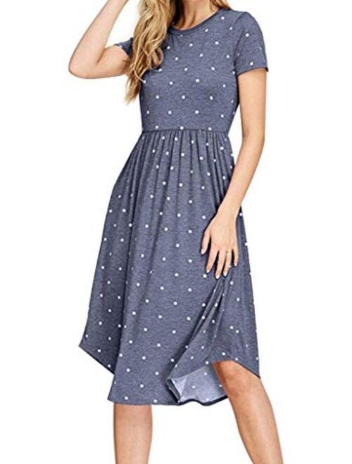 YUNDAI Women Long Sleeve Pleated Polka Dot Pocket Loose Swing Casual Midi Dress