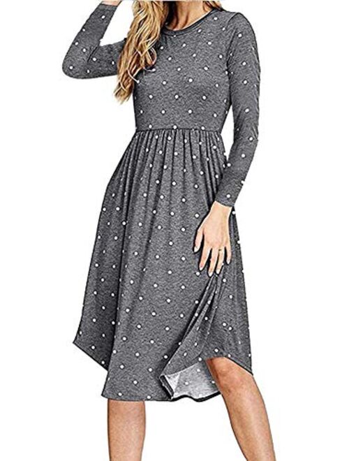 YUNDAI Women Long Sleeve Pleated Polka Dot Pocket Loose Swing Casual Midi Dress