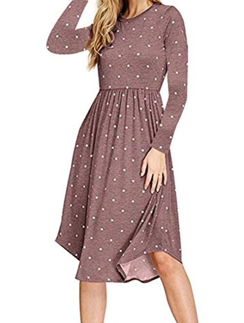 YUNDAI Women Long Sleeve Pleated Polka Dot Pocket Loose Swing Casual Midi Dress