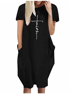 Rfecccy Women's Faith Oversize Baggy T Shirt Causal Loose Party Short Midi Dresses with Pockets