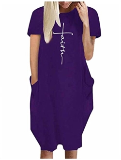 Rfecccy Women's Faith Oversize Baggy T Shirt Causal Loose Party Short Midi Dresses with Pockets