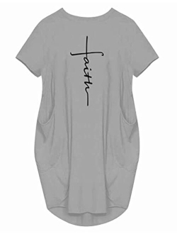 Rfecccy Women's Faith Oversize Baggy T Shirt Causal Loose Party Short Midi Dresses with Pockets