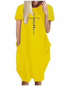 Rfecccy Women's Faith Oversize Baggy T Shirt Causal Loose Party Short Midi Dresses with Pockets