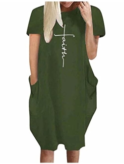 Rfecccy Women's Faith Oversize Baggy T Shirt Causal Loose Party Short Midi Dresses with Pockets