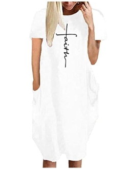 Rfecccy Women's Faith Oversize Baggy T Shirt Causal Loose Party Short Midi Dresses with Pockets