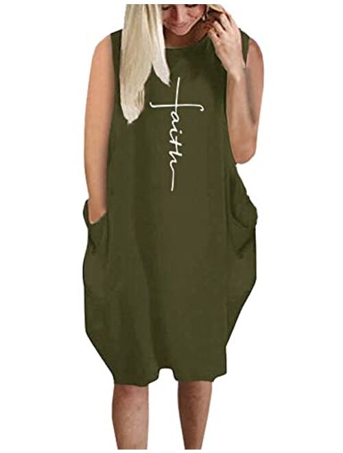 Rfecccy Women's Faith Oversize Baggy T Shirt Causal Loose Party Short Midi Dresses with Pockets