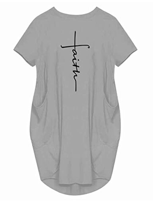 Rfecccy Women's Faith Oversize Baggy T Shirt Causal Loose Party Short Midi Dresses with Pockets