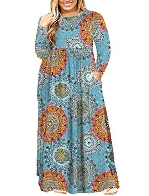 POSESHE Women's Plus Size Tunic Swing T-Shirt Dress Long Sleeve Maxi Dress with Pockets