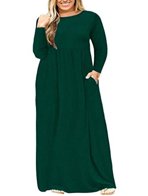 POSESHE Women's Plus Size Tunic Swing T-Shirt Dress Long Sleeve Maxi Dress with Pockets