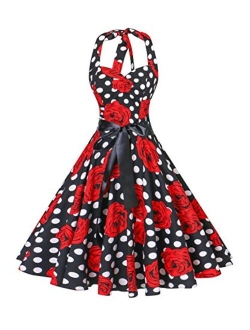 V Fashion Women's Rockabilly 50s Vintage Polka Dots Halter Cocktail Swing Dress