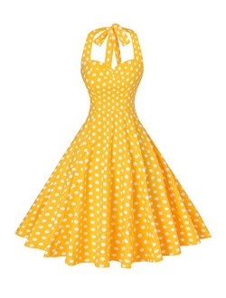 V Fashion Women's Rockabilly 50s Vintage Polka Dots Halter Cocktail Swing Dress