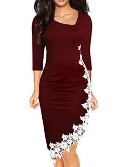 Drimmaks Women's Black Pencil Dress 3/4 Sleeve Stretchy Irregular Hem with White Lace Bodycon Dresses