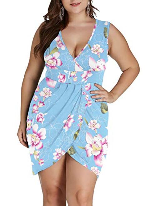 LAOLASI Womens Plus Size Sleeveless Deep V Neck Bodycon Wrap Dress with Front Slit