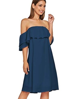 Women's Off Shoulder Ruffles Shift Loose Summer Vacation Mini Dress