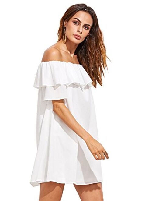 Milumia Women's Off Shoulder Ruffles Shift Loose Summer Vacation Mini Dress