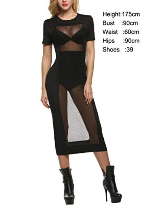 Zeagoo Women Sexy See Through Mesh Dress Short Sleeve Midi Bodycon Party Club Dress S-3XL