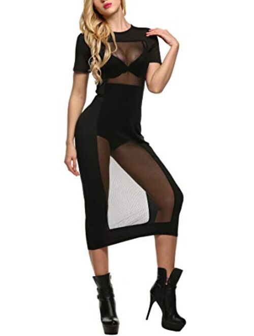 Zeagoo Women Sexy See Through Mesh Dress Short Sleeve Midi Bodycon Party Club Dress S-3XL