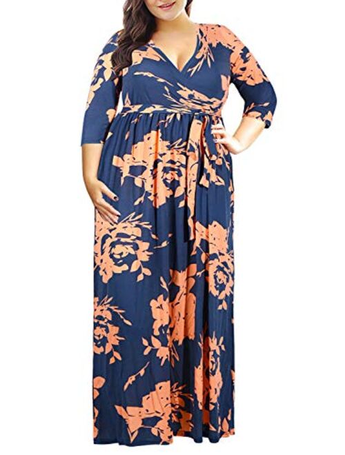 Nemidor Women's 3/4 Sleeve Floral Print Plus Size Casual Party Maxi Dress