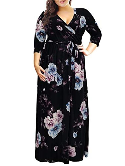 Nemidor Women's 3/4 Sleeve Floral Print Plus Size Casual Party Maxi Dress