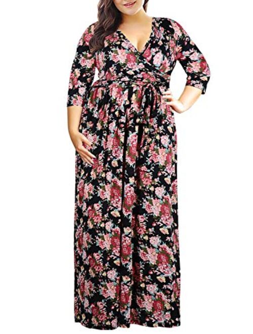 Nemidor Women's 3/4 Sleeve Floral Print Plus Size Casual Party Maxi Dress