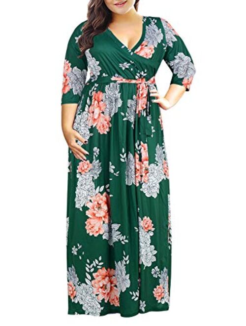 Nemidor Women's 3/4 Sleeve Floral Print Plus Size Casual Party Maxi Dress