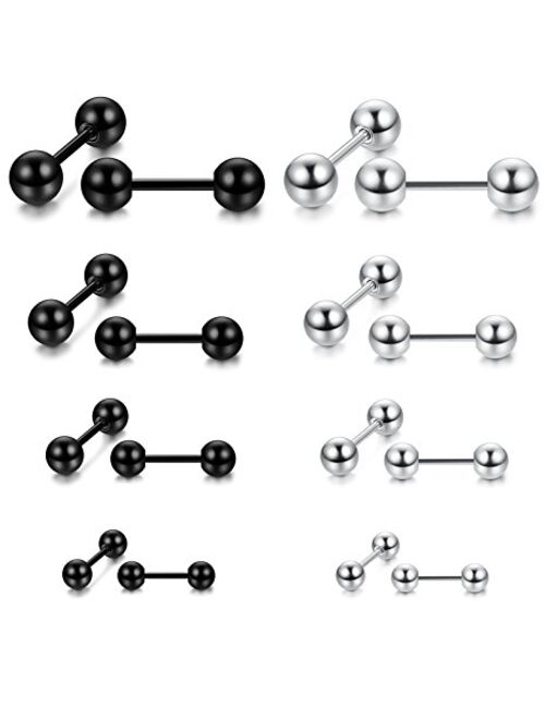 LOYALLOOK 8 Pairs Stainless Steel Ball Stud Earrings Barbell Cartilage Helix Ear Piercing 3-6mm 2 Colors