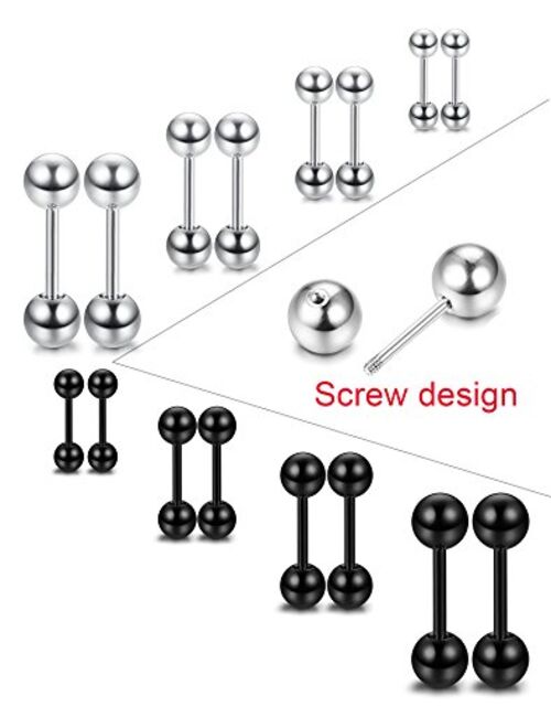 LOYALLOOK 8 Pairs Stainless Steel Ball Stud Earrings Barbell Cartilage Helix Ear Piercing 3-6mm 2 Colors