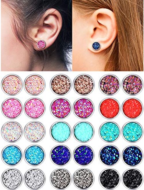 15 Pairs Faux Druzy Stud Earrings Set Stainless Steel Round Earrings Bohemian Pierced Earrings Jewelry for Women