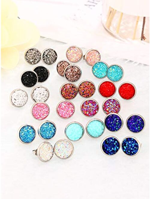 15 Pairs Faux Druzy Stud Earrings Set Stainless Steel Round Earrings Bohemian Pierced Earrings Jewelry for Women