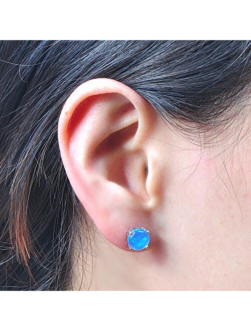 Junxin 925 Sterling Silver Round Cut Opal Stud Earrings Gift for women 7.5MM