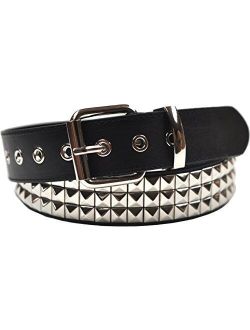 3 Row Pyramid Leather Adjustable Buckle Studded Stud Black Belt