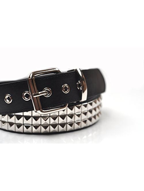 3 Row Pyramid Leather Adjustable Buckle Studded Stud Black Belt