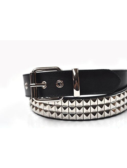 3 Row Pyramid Leather Adjustable Buckle Studded Stud Black Belt