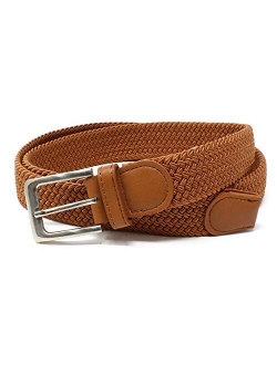 Mens Braided Elastic Stretch Belt Leather Tipped End and Silver Metal Buckle