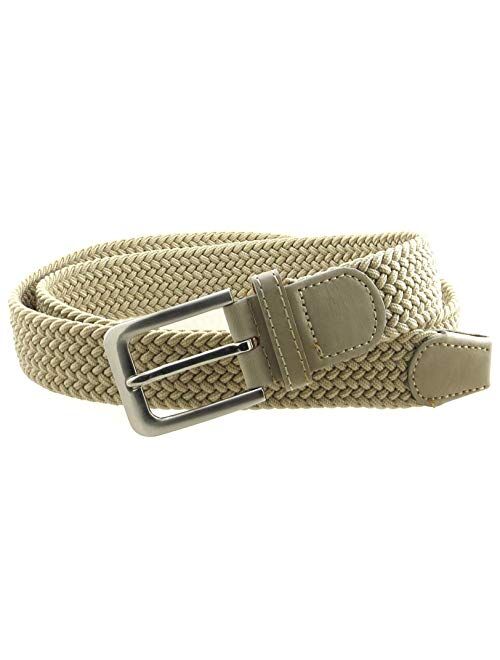 Mens Braided Elastic Stretch Belt Leather Tipped End and Silver Metal Buckle