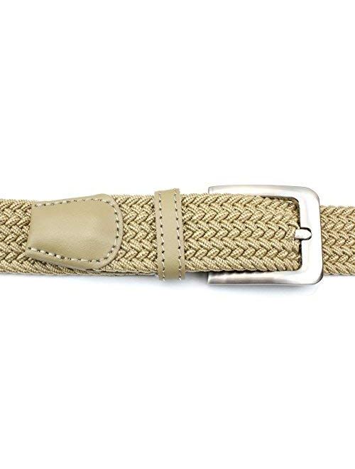 Mens Braided Elastic Stretch Belt Leather Tipped End and Silver Metal Buckle