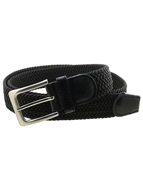 Mens Braided Elastic Stretch Belt Leather Tipped End and Silver Metal Buckle