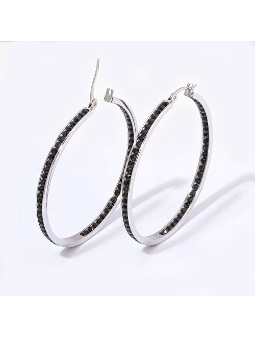 CiNily Mult-Colors Crystal Stainless Steel Hoop Earring for Women Hypoallergenic Jewelry for Sensitive Ears Large Big Hoop Earrings 2"