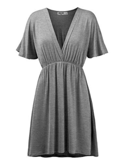 Lock and Love Women's Airy Short Sleeve Kimono Style Deep V Neck Dress Top S-3XL Plus Size-Made in U.S.A.