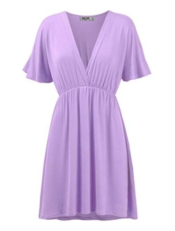 Lock and Love Women's Airy Short Sleeve Kimono Style Deep V Neck Dress Top S-3XL Plus Size-Made in U.S.A.