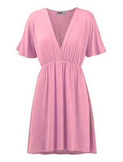 Lock and Love Women's Airy Short Sleeve Kimono Style Deep V Neck Dress Top S-3XL Plus Size-Made in U.S.A.