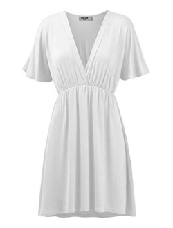 Lock and Love Women's Airy Short Sleeve Kimono Style Deep V Neck Dress Top S-3XL Plus Size-Made in U.S.A.