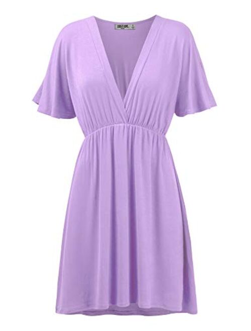 Lock and Love Women's Airy Short Sleeve Kimono Style Deep V Neck Dress Top S-3XL Plus Size-Made in U.S.A.