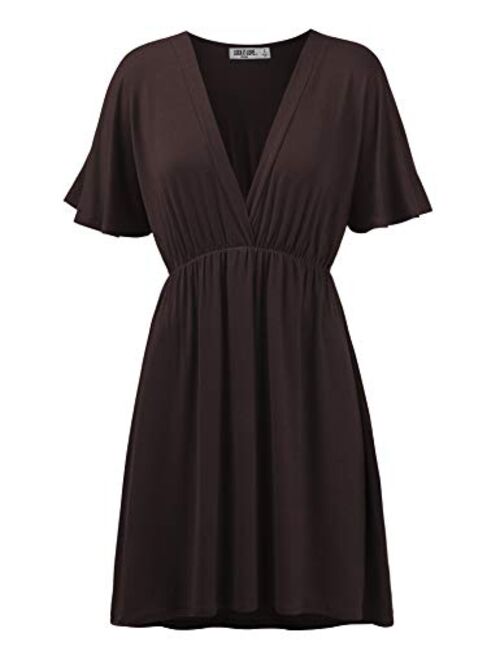 Lock and Love Women's Airy Short Sleeve Kimono Style Deep V Neck Dress Top S-3XL Plus Size-Made in U.S.A.