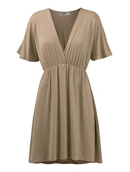 Lock and Love Women's Airy Short Sleeve Kimono Style Deep V Neck Dress Top S-3XL Plus Size-Made in U.S.A.