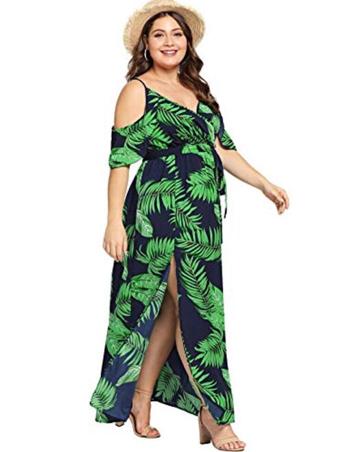 Milumia Women's Plus Cold Shoulder Floral Slit Hem Tropical Summer Maxi Dress