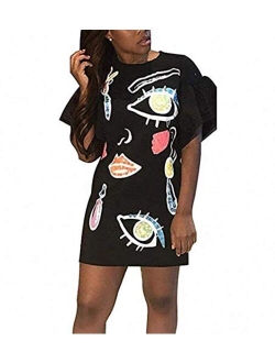 Remelon Womens Casual Short Puff Sleeve Digital Graffiti Print Loose Tunic T-Shirt Mini Dress