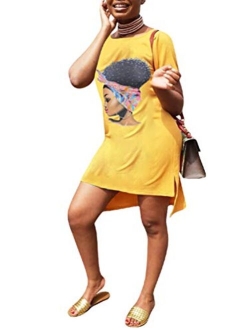 Remelon Womens Casual Short Puff Sleeve Digital Graffiti Print Loose Tunic T-Shirt Mini Dress